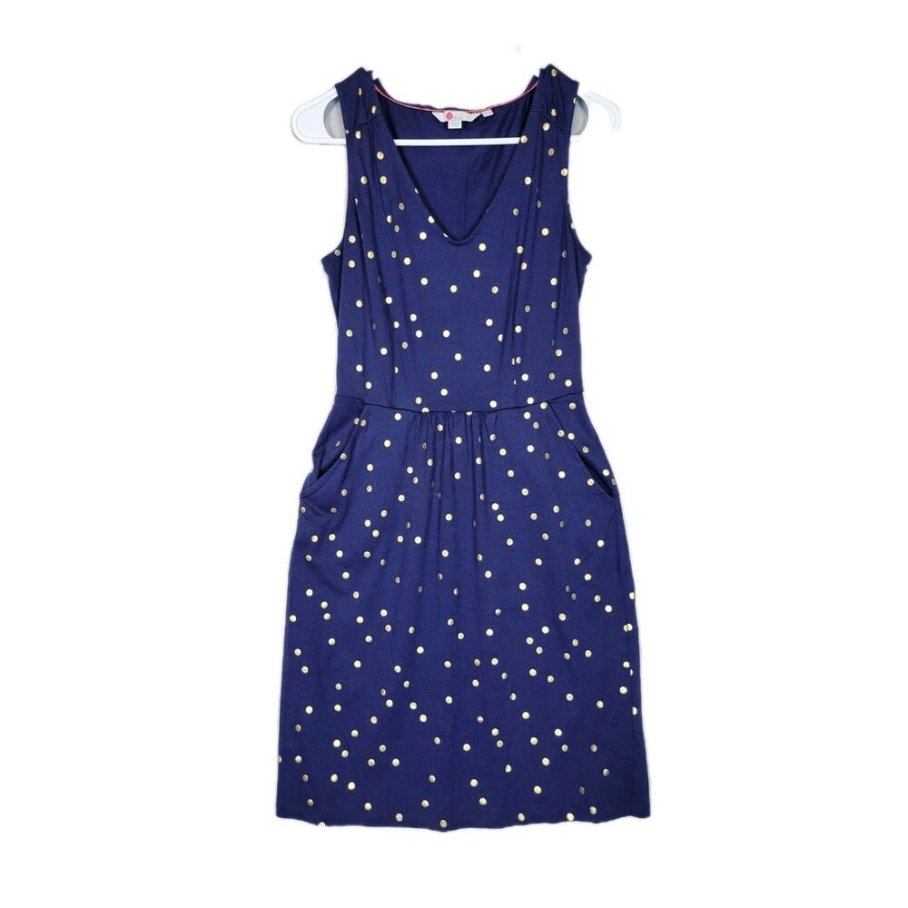 Boden Melinda Jersey Dress Womens 6R Blue Gold Polka Dot Sleeveless Pockets